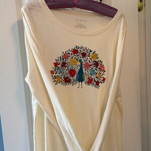 Talbots Cream Top with Colorful Peacock Embroidery